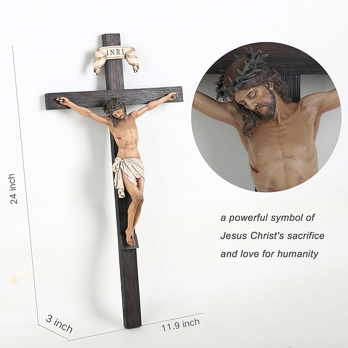 BC Catholic Crucifix Wall Cross in 24" H Jesus Christ indoor Home Decor Collectable Religious Gifts Renaissance Sculpture handmade By Buildclassic