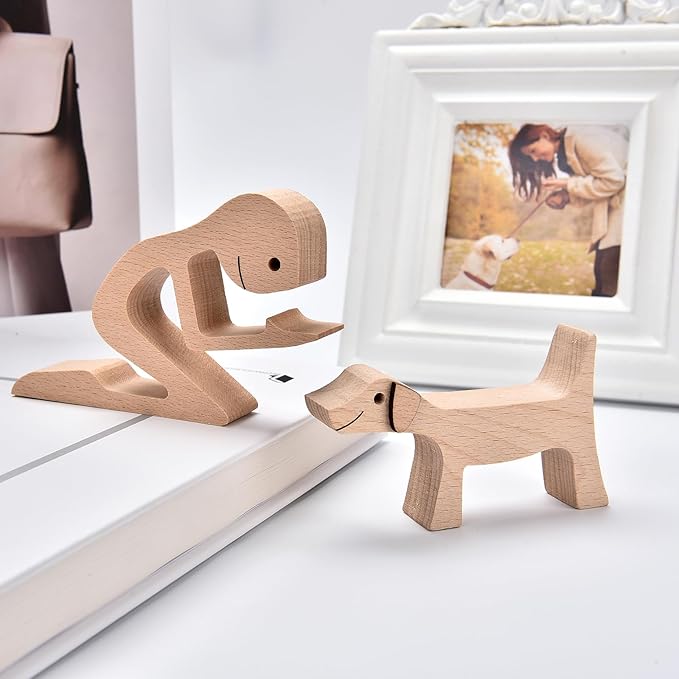 ISHINE Wood Decor Wooden Statue Man and Dog Figurine Handmade Carved Creative Home Office Gift for Men Women Accents Decoration Natural ECO Friendly 7x3 inches (A-Man Kisses Dog)