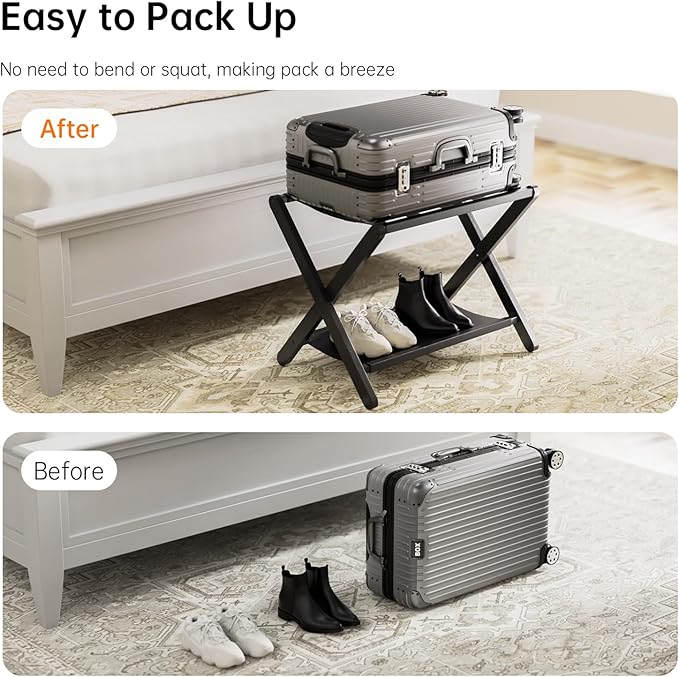 HITNET Luggage Rack for Guest Room, Suitcase Stand Folding Bedroom, Bamboo Hotel Luggage Holder with Fabric Storage Shelf and Nylon Straps, Black