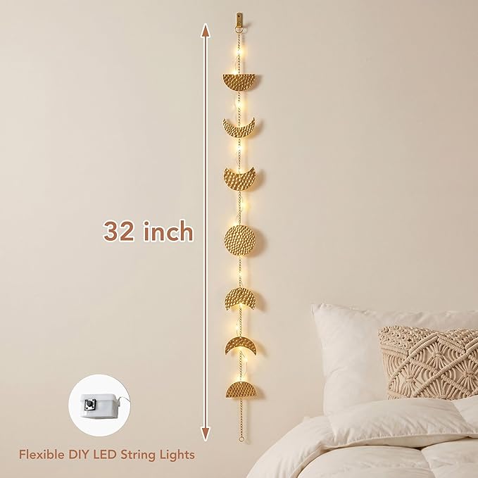 opulinea 32 Inch Hammered Gold Moon Phase Metal Wall Decor with LED String Lights, Celestial Hanging Wall Sculpture, Boho Lunar Wall Art for Bedroom, Living Room, Bathroom, Apartment