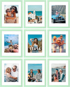 Vittanly 11x14 Picture Frames Set of 9, Shatter Resistant Plexiglass, Display 8x10 Pictures with Mat or 11x14 without Mat, Photo Frames for Wall or Tabletop, Engineered Wood, Light Green