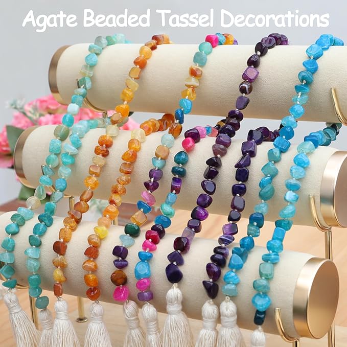 Agate Stone Hand Knotted Garland Modern Farmhouse Rustic Table Home Decor, 30inch Meditation Accessories with Tassel, Prayer Healing Beads Boho Wall Shelf Hanging Decoration (Sky Blue)