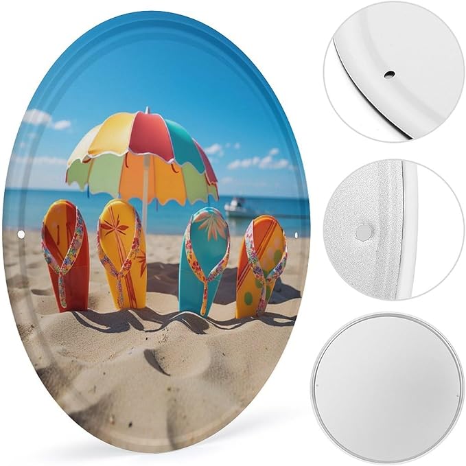 Wall Picture, with Colorful Flip Flops Beach Ball Printed Circular Iron Hanging Picture,Wall Art Decor,Home for Bedroom Living Room Bathroom Decor,Iron Painting 11.8X11.8 in