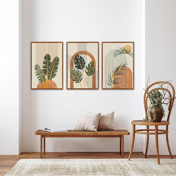 KAIRNE Boho Canvas Wall Art,Abstract Minimalist Room Decor,Tropical Botanical Wall Decor,Mid-Century Geometric Illustrations Set of 3(24”X36”),Botanical Print for Living Room Bedroom Dining Room Decor
