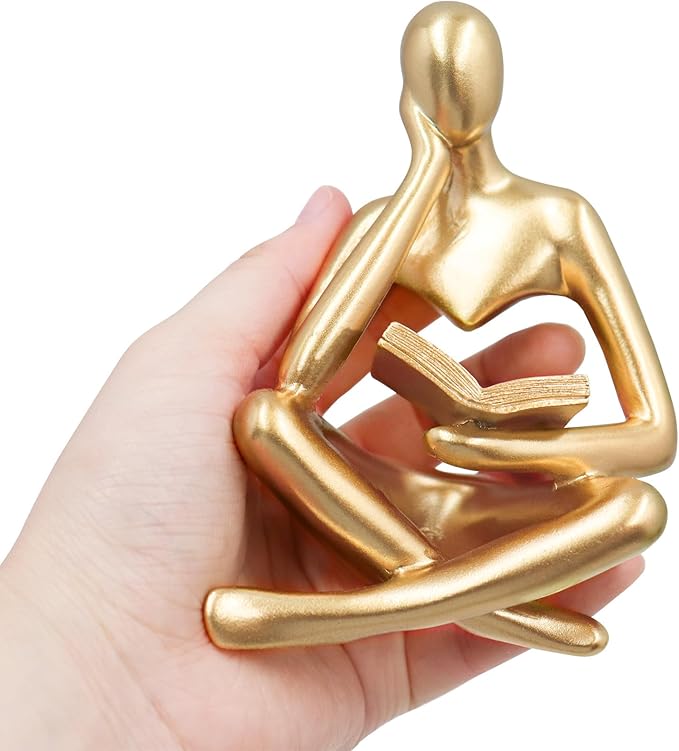 Jinkoozz Gold Reading Women Statue, Thinker Sculptures, Abstract Art Ornament, Modern Aesthetic Figurine Decoration, Suitable for Home Living Room Bedroom Office Shelf Table Desk Bookshelf Decor