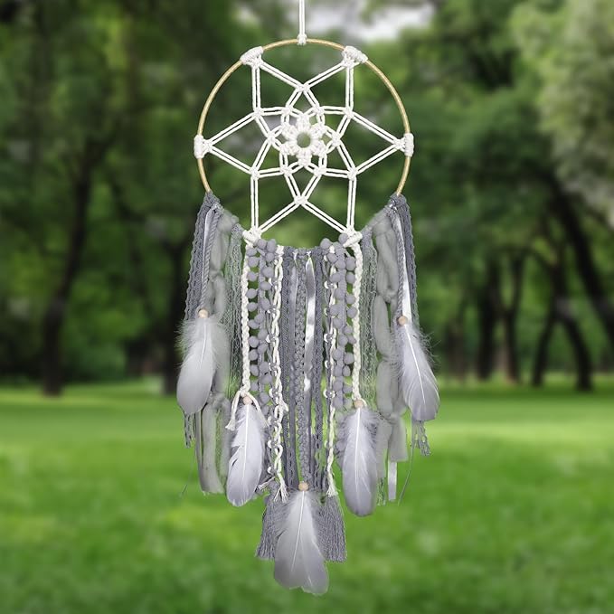 LOMOHOO Large Dream Catcher Handmade Feather Dreamcatcher, Traditional Dream Catchers with Woven Tassels Boho Wall Hanging for Girl Kids Bedroom Baby Room Home Decor Craft Ornament Gift (Grey)