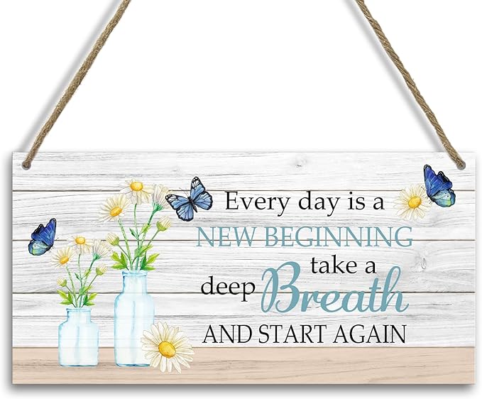 Motivational Inspirational Gift for Women Butterfly Decor Wood Hanging Sign, Wood Home Office Decor Sign Wall Plaque, Wall Art for Bedroom Wall Shelf Living Room, Everyday Is A New Beginning -21