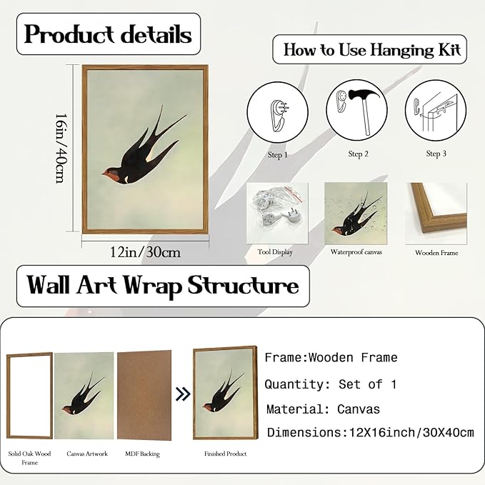 Framed Vintage Bird Wall Art, Sage Green Flying Swallow Pictures Wall Decor, Minimalist Japandi Nature Paintings Canvas Prints Modern Home Decor for Living Room Bedroom Bathroom Office 12x16 Inch