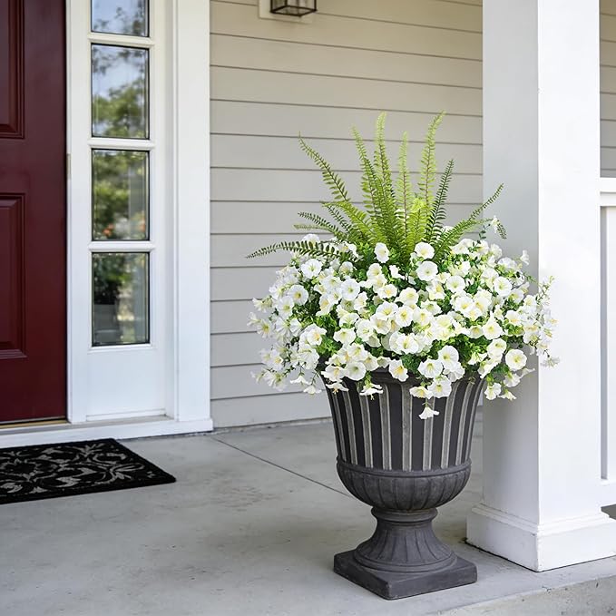 Artificial Flowers for Outdoors Faux Plants Outside Indoor,UV Resistant Silk Fake Petunia Tall Ferns for Home Patio Garden Back Yard Front Poch Decor Spring Summer(13 Bunchs,White)