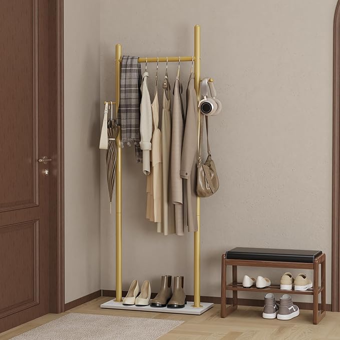 Nianerfaya Coat Hanger Stand with 2 Hooks, Standing Garment Storage for Indoor - Coat Tree for Hanging Clothes for Bedroom - 19.7" Wide Heavy Duty Clothe Rack Metal Clothing Hanger Rack (Gold)