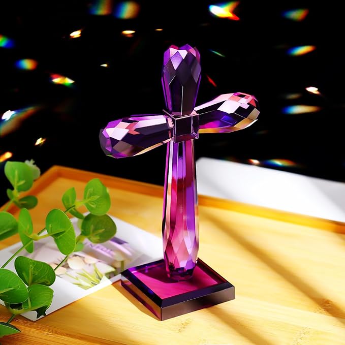 YWHL Crystal Cross Decor, Religious Gifts for Women Men, Handmade Holy Cross for Easter Pary, Art Collectible Figurines for Home Table (Purple)
