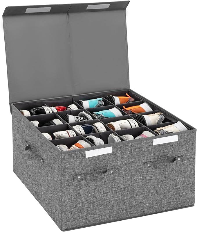 Shoe Organizer for Closet Fits 16 Pairs, Large Shoe Storage Box Bins Containers with Lid and Adjustable Dividers for Shoes, Sneakers and High Heeled, Hard Shell and Stackable (Grey)