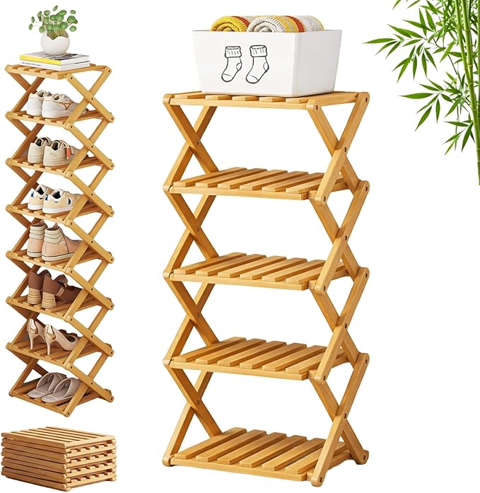 The 9-Tier No-Assembly Bamboo Rack, 3-9 Tiers Bamboo Shoe Rack, Foldable Bamboo Vertical Shoe Organizer, Multifunctional & Space-Saving, For Entryway, Closet, Corner, Bedroom, Hallway (Wood, 5Tiers)
