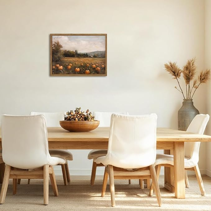 Framed Vintage Pumpkin Wall Art, Farmhouse Pumpkin Field Pictures Wall Decor, Rustic Harvest Landscape Paintings Canvas Prints Country Fall Home Decor for Living Room Kitchen 12×16 inch