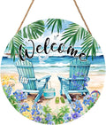 Welcome Summer Sea Chair Front Door SignFlower Wall Hanging Round Door Hanger Farmhouse Coastal Beach Wooden Wreath for Front Door Hello Summer Outdoor Outside Porch Decor 12"X12"