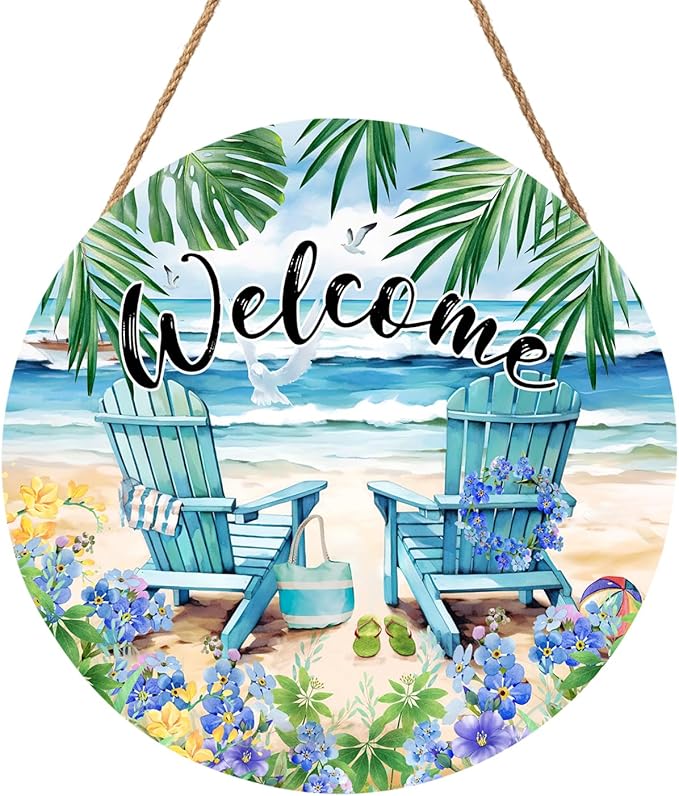 Welcome Summer Sea Chair Front Door SignFlower Wall Hanging Round Door Hanger Farmhouse Coastal Beach Wooden Wreath for Front Door Hello Summer Outdoor Outside Porch Decor 12"X12"