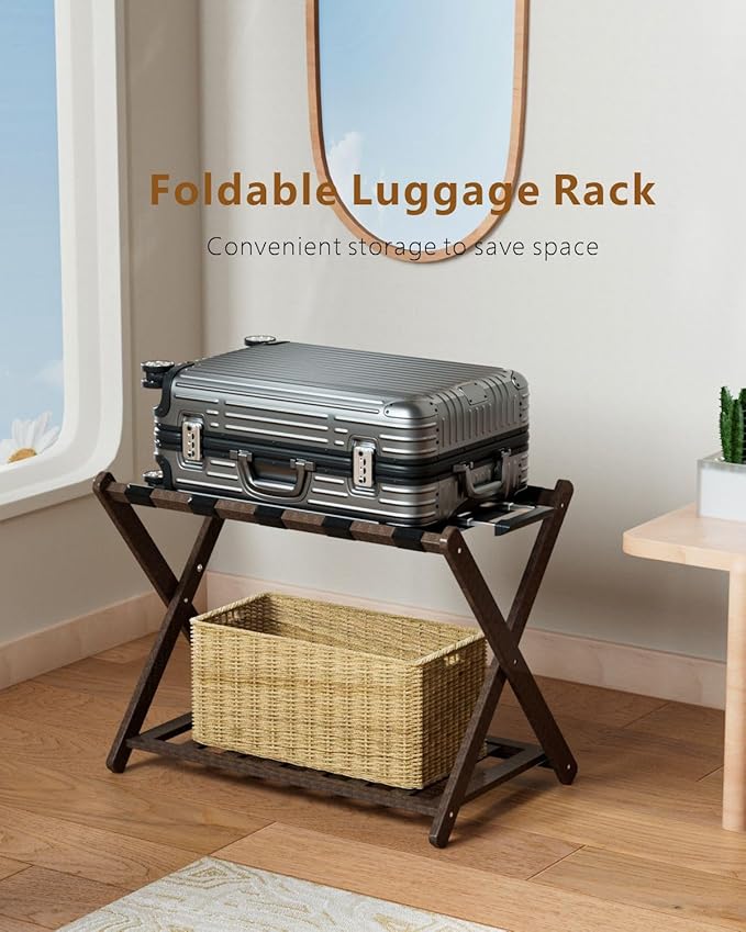 Luggage Racks, Folding Suitcase Stand with Storage Shelf, Bamboo Suitcase Rackwith Unique Magnetic Locking, 2 Pack Assembled Luggage Rack, Luggage Holders Stand for Guest Room, Bedroom, Hotel