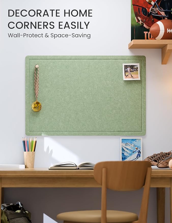 Fluxynara Bulletin Board,35.4" x 23.6" Cork Board Alternative with 12 Safe Removable Adhesive Tabs, Foldable Felt Pin Board for Home Office, Classroom, Bedroom,Entryway for Walls—Moss Green