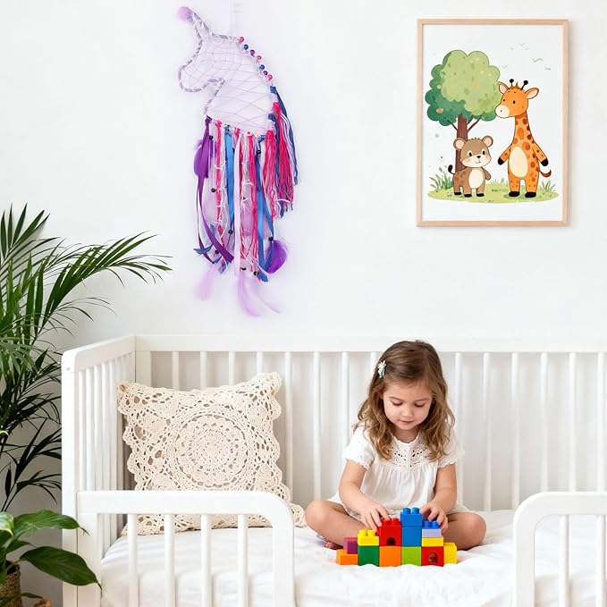 Pretty Jolly Unicorn Dream Catchers for Little Girls Bedroom Handmade Kids Dreamcatcher with Fluffy Pom Poms Feathers&Beads,Nursery Wall Decor for Toddler Girls Room,Children Birthday Gift(Purple)