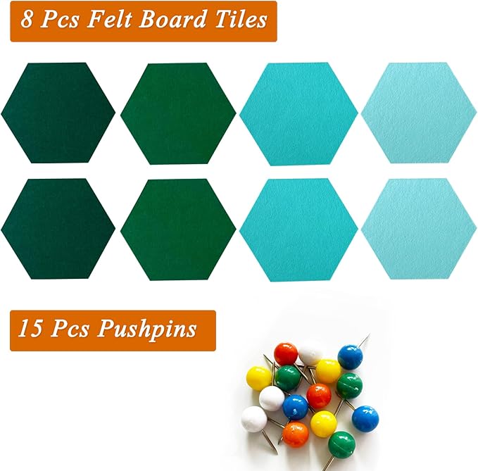 8Pcs Hexagon Felt Cork Board Tiles, Self Adhesive DIY Bulletin Board Pin Board for Office School Home Wall Decor Stickers Memos Photos Display (Gradual Green)