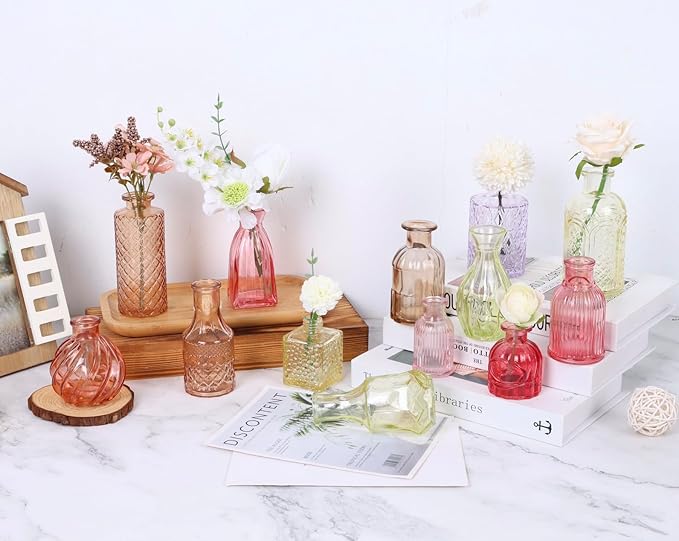 38 Pack Colorful Glass Bud Vase Set, Small Colored Vintage Vases for Centerpieces, Decorative Flower Vases for Wedding Home Table Decor