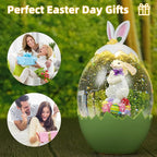 Easter Bunny Decor Snow Globe with 6-Hour Timer, Glittering Rabbit with Egg Lantern, USB/Battery Operated, Spring Home Decor for Office Party Decoration, Green