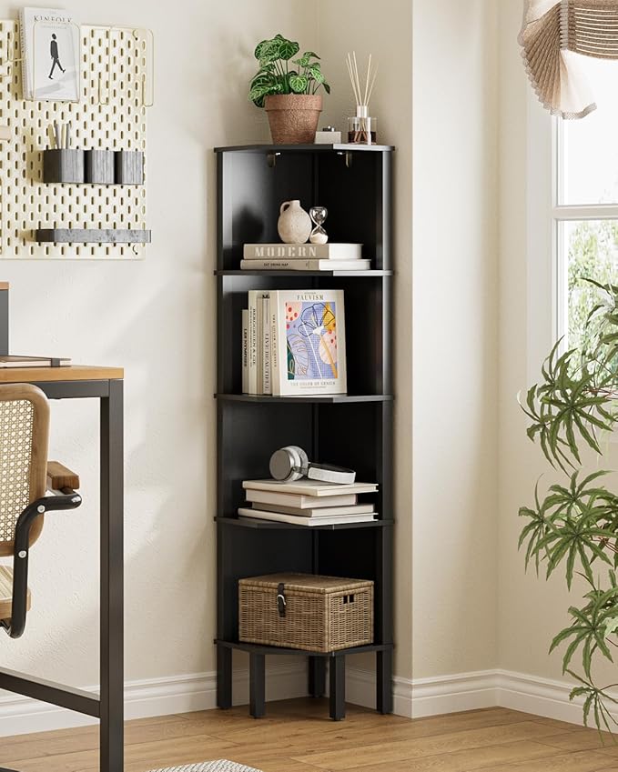 Corner Shelf, 5 Tier Corner Bookshelf, Display Corner Shelf Stand with Storage Rack, Wall Corner Bookshelf for Living Room, Bedroom, Office, Black