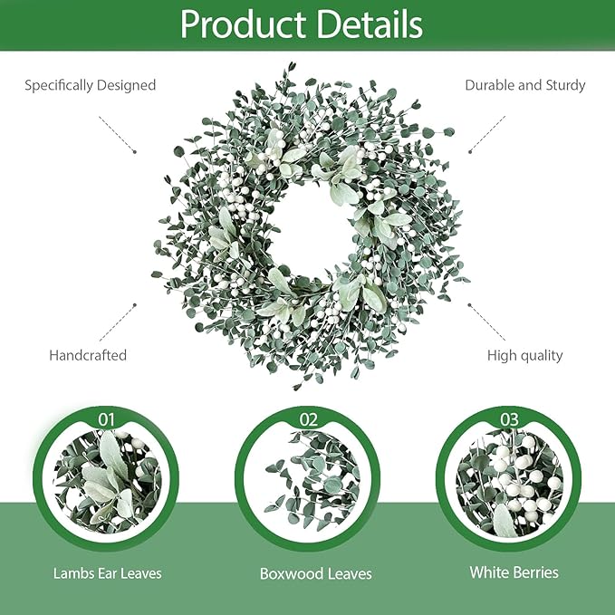 Jasuline 24 Inch Eucalyptus Wreaths for Front Door - Summer Spring Boxwood Greenery Leaves Wreath with Lambs Ear & White Berries, All Season Outdoor Hanging Decor for Indoor Porch Window Wall