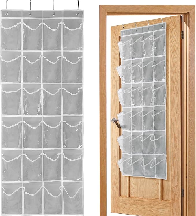 Over the Door 24 Pocket Hanging Shoe Organizer, Space Saving Hanging Storage Holder, Gray, (64" X 19")