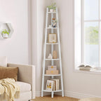 Hoctieon Corner Shelf, 6-Tier Corner Bookshelf, Rustic Ladder Shelf, Industrial Display Stand for Living Room, Kitchen, Home Office, Balcony, Small Space, Metal Frame, White