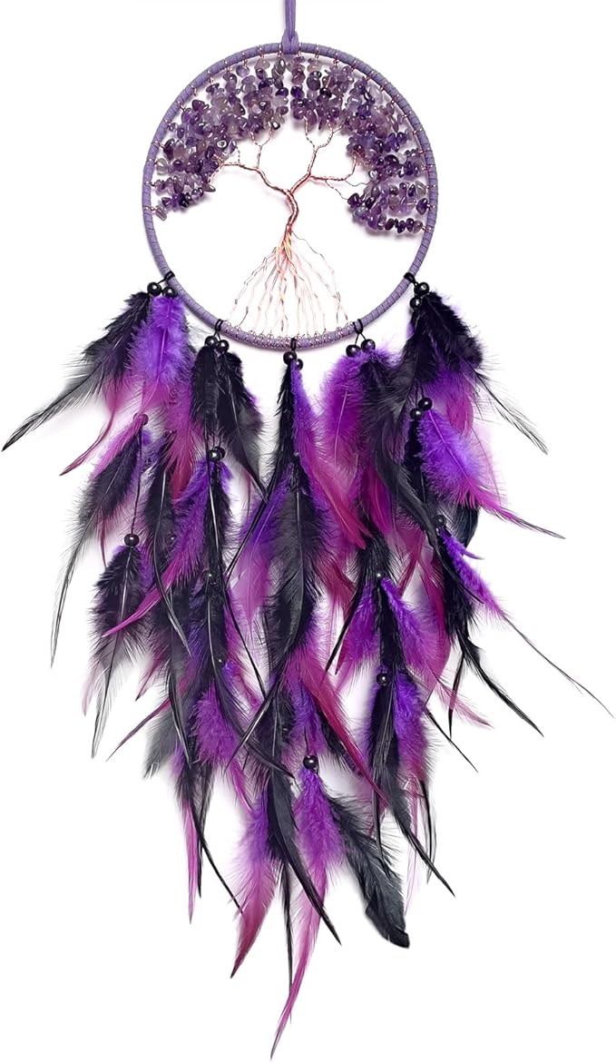 Black and Purple Dream Catcher Wall Decor Crystal Tree of Life Dream Catchers Handmade Feather Dreamcatcher Wall Hanging Ornament for Bedroom Living Room Home Decor