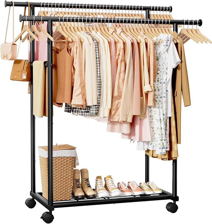 Metal Clothes Rack - Double Rod Clothing Rack with Fixed Design and Rolling Wheels, Coat Rack with Built-In Shelf for Closet Organizers and Storage (45.6" x 16.9" x 61.0", Black)