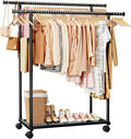 Metal Clothes Rack - Double Rod Clothing Rack with Fixed Design and Rolling Wheels, Coat Rack with Built-In Shelf for Closet Organizers and Storage (45.6" x 16.9" x 61.0", Black)
