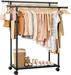 Metal Clothes Rack - Double Rod Clothing Rack with Fixed Design and Rolling Wheels, Coat Rack with Built-In Shelf for Closet Organizers and Storage (45.6" x 16.9" x 61.0", Black)