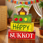 Yuntau 4 Pcs Happy Sukkot Table Decorations Sukkot Centerpieces for Tables Wooden Tabletop Party Decorations Rustic Block Sign for Tiered Tray Shelf Office Jewish Holiday Celebration Supplies