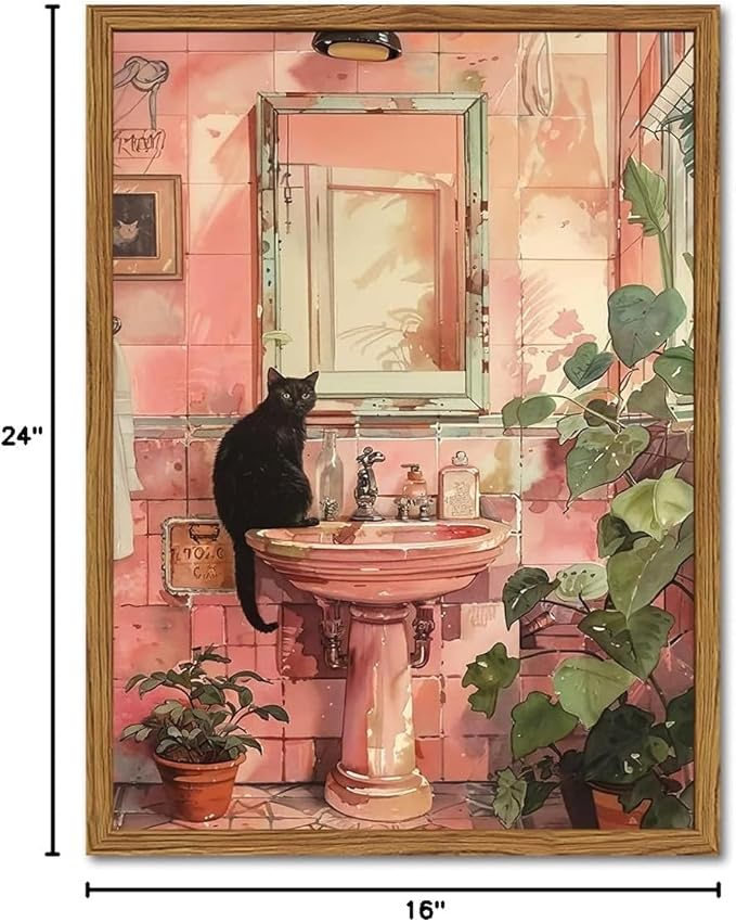 Framed Funny Bathroom Black Cat Wall Art, Vintage Cute Cat on Sink Pictures Wall Decor, Humor Animal Watercolor Paintings Canvas Prints for Restroom 16x24 inch