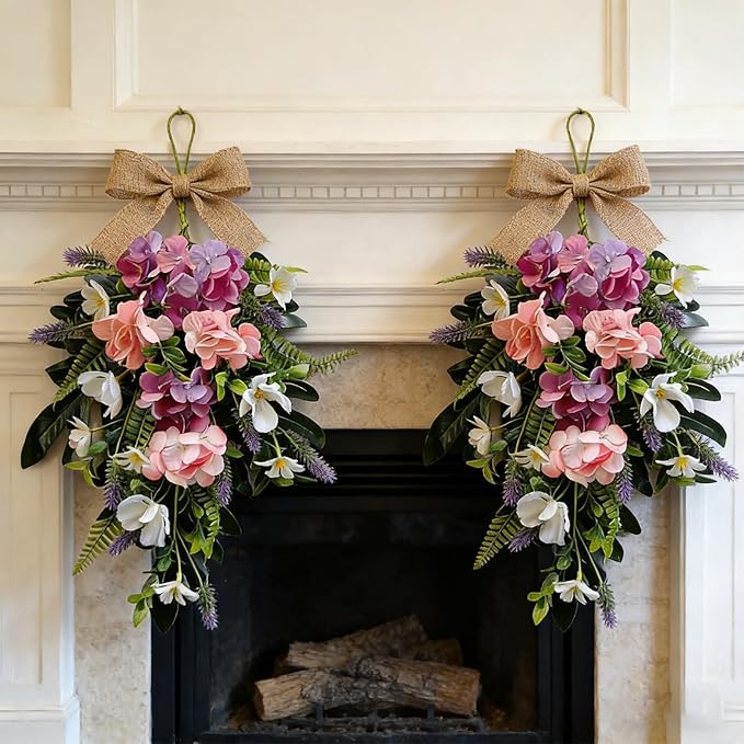 2 Pack 22'' Summer Tropical Swag Wreaths for Cabinets Artificial Hibiscus Flowers Teardrop Wreath with Palm Leaf and Fern Fronds Floral Wreath Hanger for Farmhouse Front Door Porch Window Wall Hanging