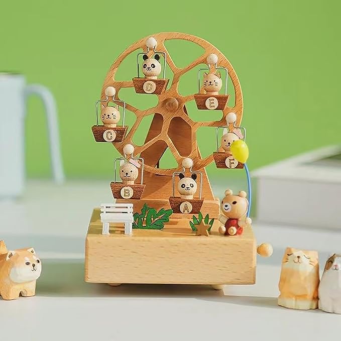 Natural Solid Wood Handcrafted Beech Wooden, Musical FigureTotoro/Carousel/Fairy/Ballerina Figurine,Rotating Hand Crank Mechanism Music Box,Musical Decorations (Skywheel)