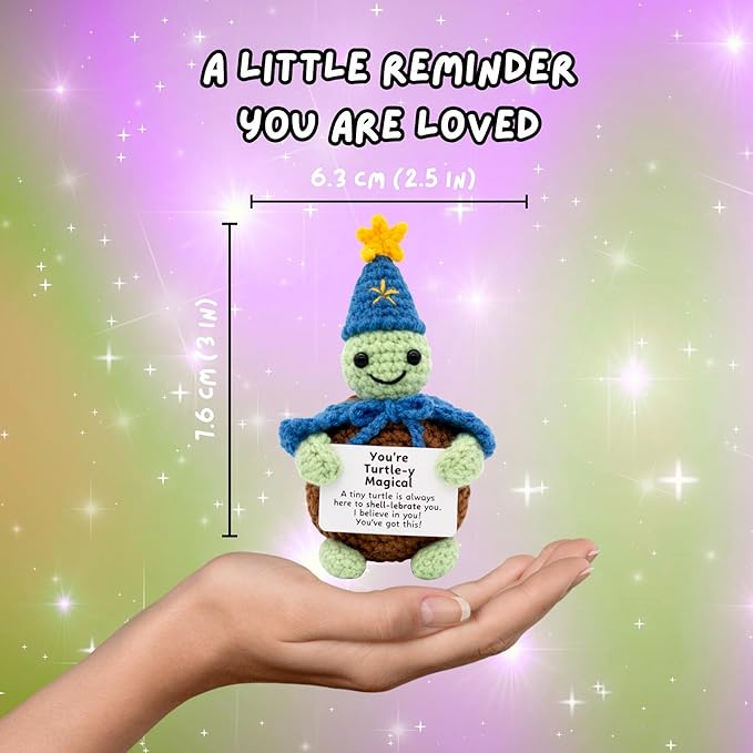 Handcrafted Crochet Witch Doll, Small 2.5x1.5x4 Inch Decorative Plush Figure, Yarn Material, Magical Theme, Inspirational Signs, for Ages 13+ (Turtle Wizard)