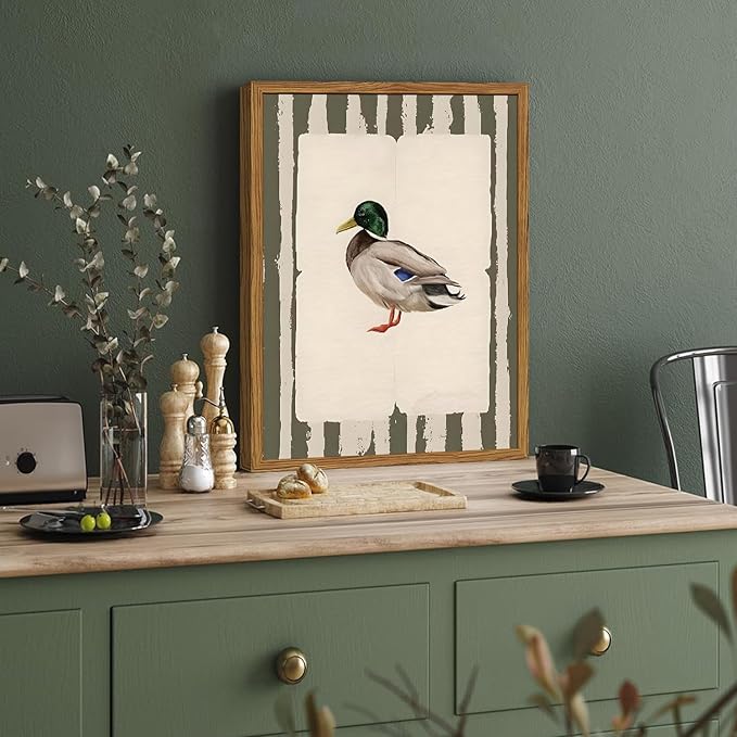 Framed Vintage Mallard Duck Wall Art, Country Farmhouse Duck Pictures Wall Decor, Rustic Wildlife Animal Paintings Canvas Prints Cottagecore Home Decor for Living Room Bedroom nursery 16x24 inch