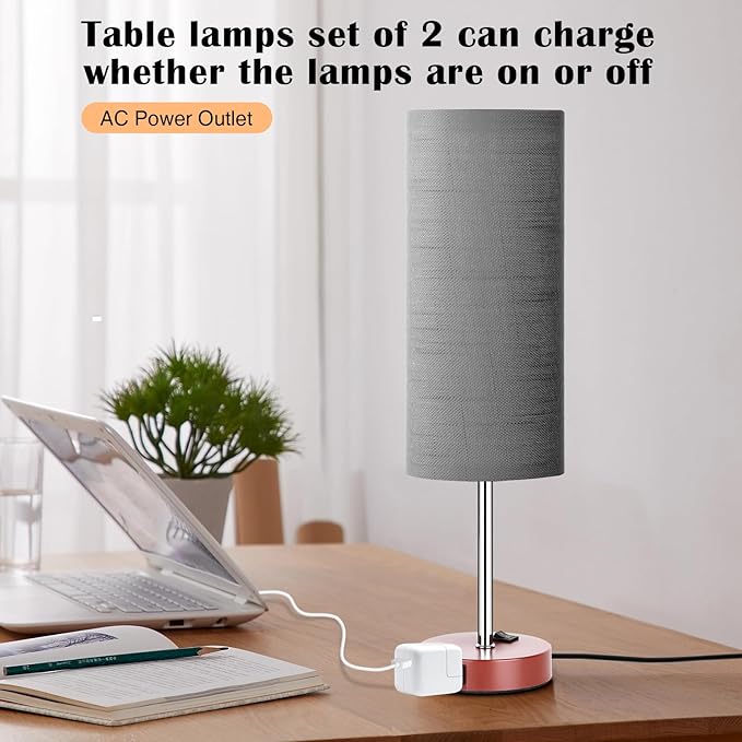 ZJOJO Table Lamp for Bedroom 2 Pack,18in Bedside Lamps with 3 Way Dimmable Rocker Switch & AC Outlet,Nightstand Desk Lamp with Gray Fabric Shade Brown Base for Living Room Home Decor Lights