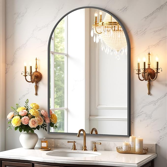 Bathroom Mirror for Wall, 38x26 Inch Arched Mirror, Matte Black Metal Framed Bathroom Vanity Mirror for Restroom Farmhouse, Anti-Rust, Tempered Glass, Hanging or Leaning