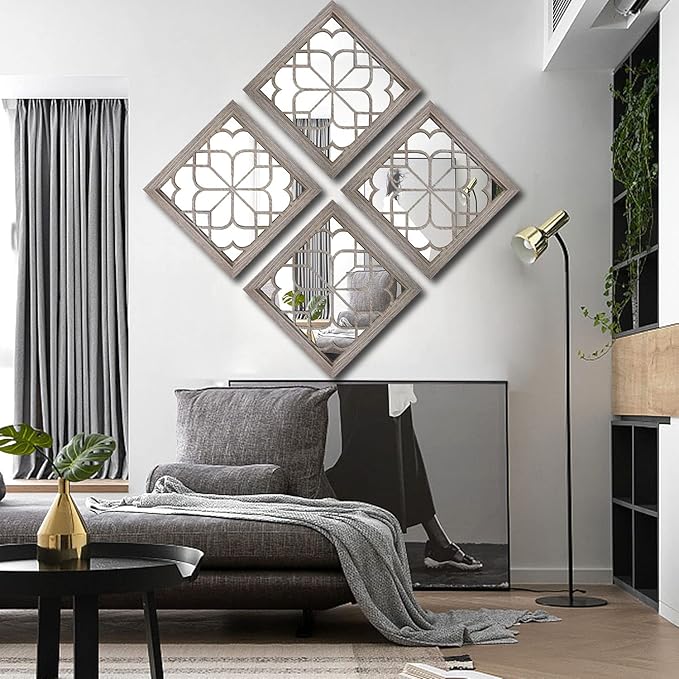 Wocred Set of 2 Farmhouse Square True Mirrors,Vintage Style Barn Wood Wall Decor, Accent Mirrors for Bathroom Renovation,Bedrooms,Living Rooms (12”x12”)