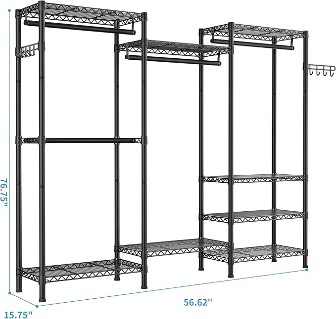 Heavy Duty Garment Rack Clothes Rack,Large Metal Closet Organizer System Storage Wardrobe,Freestanding Clothing Rack with 8 Adjustable Wire Shelves&4 Hang Rods,MaxLoad 800lbs