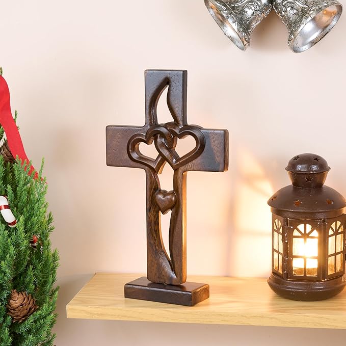 DAICAT - Handcarved Wood Cross with Intertwined Hearts, Crosses Wall Decor, Hand Made Wall Hanging Art Décor, Grift for Wedding (No 6)