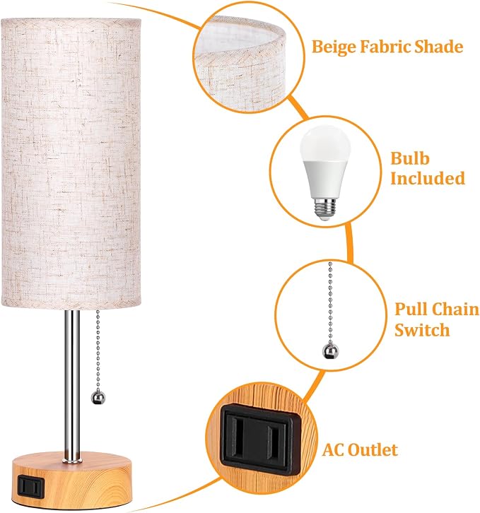 Dott Arts Table Lamp for Bedroom, 3-Color Bedside Lamps with Pull Chain, Bedroom Table Lamps for Nightstand,AC Outlet Small Lamp for Living Room, Bulb Included Oatmeal
