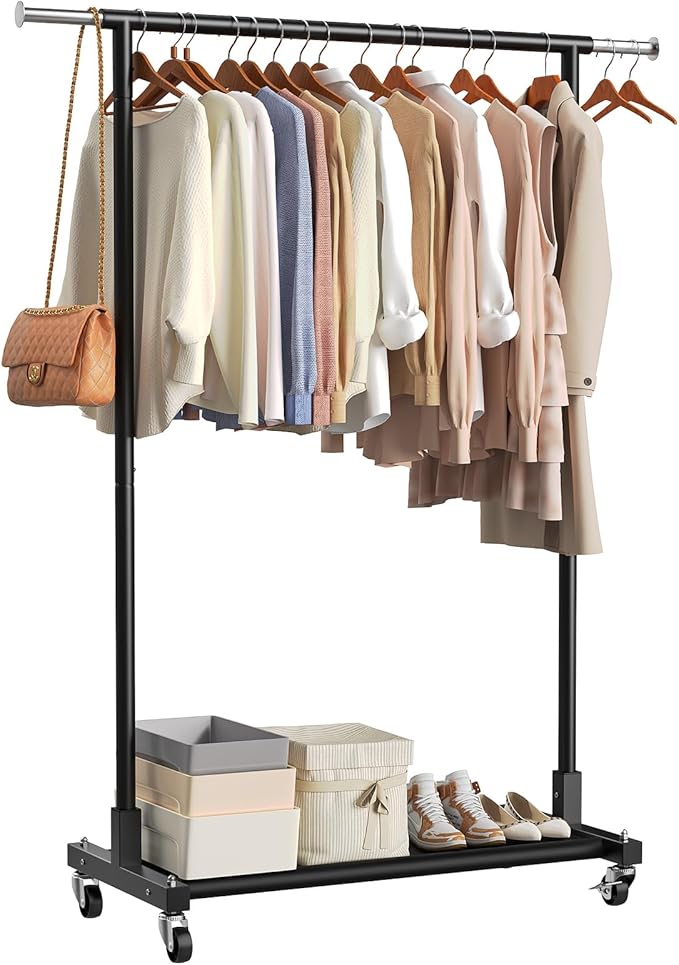 Luxspire Clothes Rack with Lockable Wheels, Simple Clothing Garment Rack with Storage Shelves, Hanging Racks for Clothes with Single Rods for Laundry Room, Balcony, Bedroom, Bathroom, Black