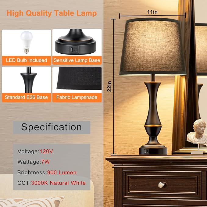 Seealle Upgraded Touch Lamps for Night Stands Set of 2 - Bedside Lamps with USB C+A, 3 Way Dimmable for Bedroom Living Room End Tables Office (Black)
