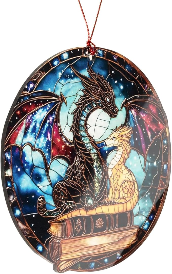 Dragon Gifts for Women Man, Dragon Book, Fantasy Ornament, Gothic Style Decor, Mystical Art Hanging Keepsake, Cosmic Inspired Design, Reading Lover Display, Unique Home Accent, Enchanting Collector