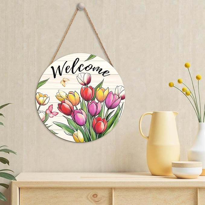 Spring Summer Welcome Sign for Front Door Decor Spring Flower Wall Hanging Sign Spring Decorations Floral Wooden Wreath Farmhouse Door Hanger Sign for Spring Summer Party Indoor Outdoor Decor 12 Inch